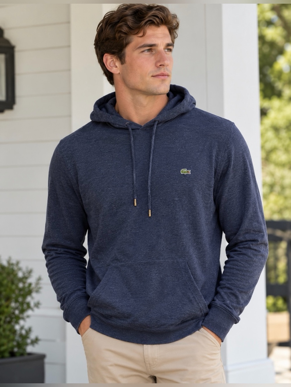 Lacoste Men’s Sz L Regular Fit Heathered Slate Blue Long Sleeve Hooded Tee